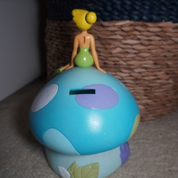 Disney Tinker Bell Sitting On A Mushroom Vinyl Piggy Bank Collectors No Plug - Picture 2 of 6